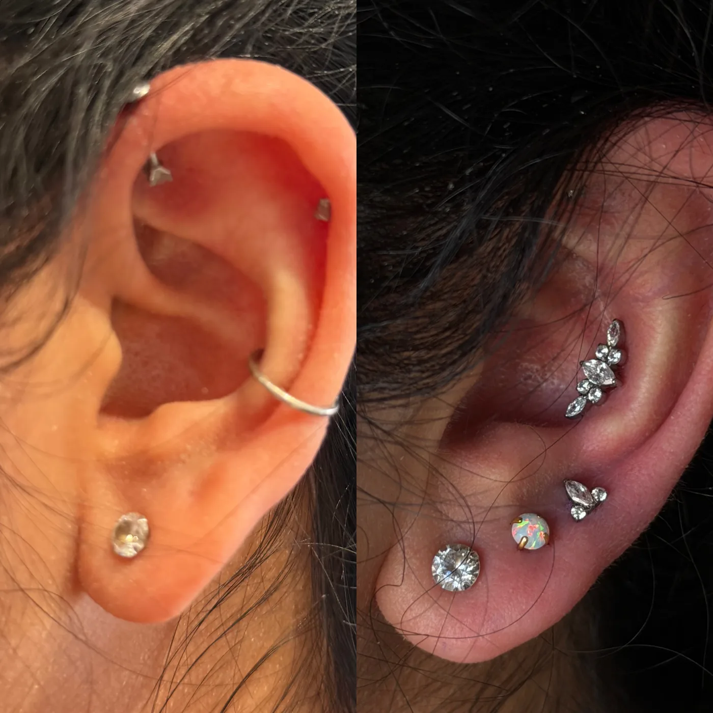 A curated ear before and after: a single helix and lobe to start, then a full arrangement with an opal lobe and a marquise cluster.