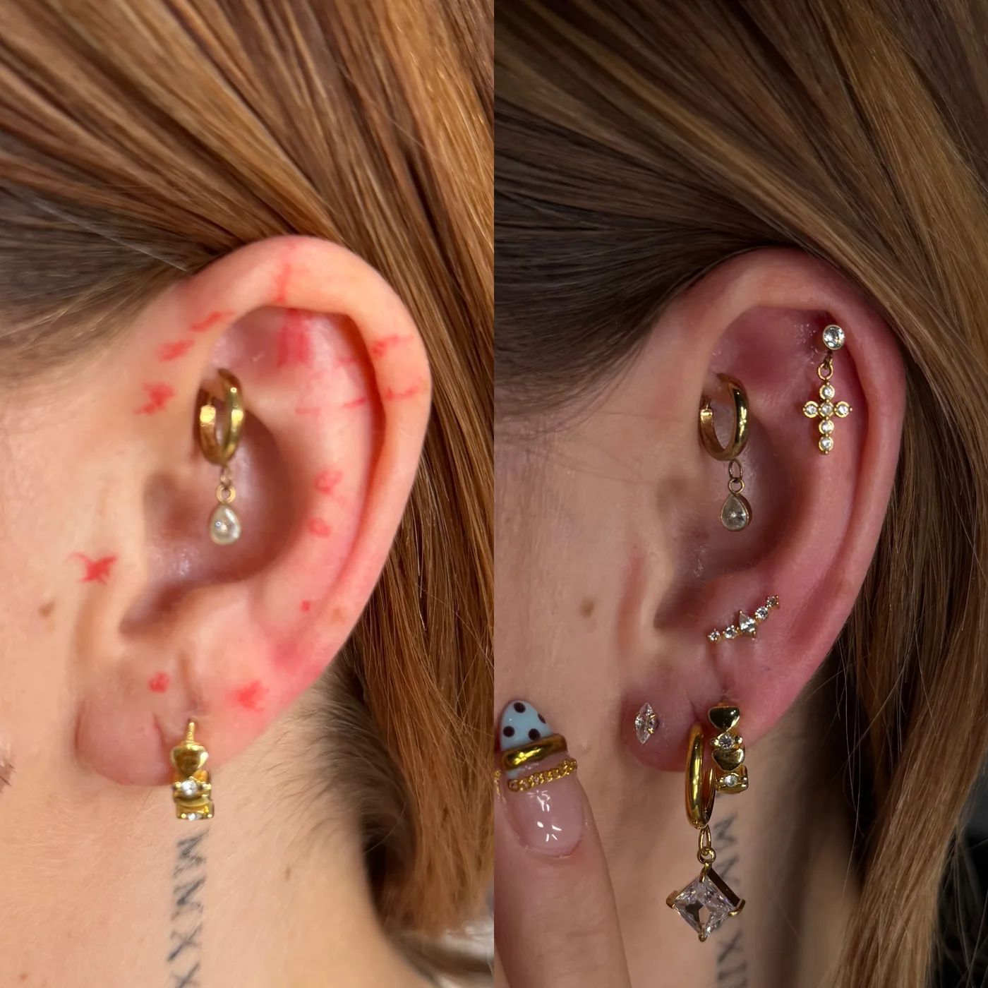 A curated ear before and after: a lobe and helix to start, then added drops, climbers and a cross.