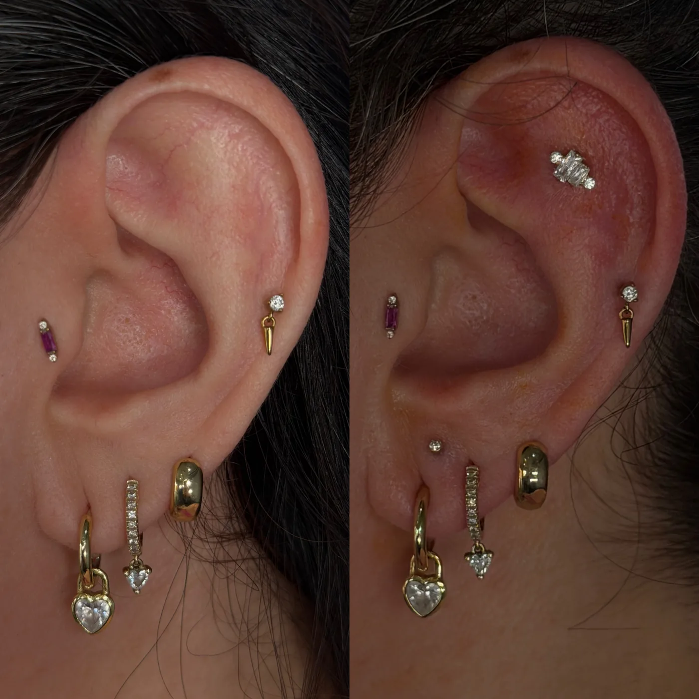 A curated ear before and after: a couple of piercings to start, then a baguette cluster helix and stacked lobes.