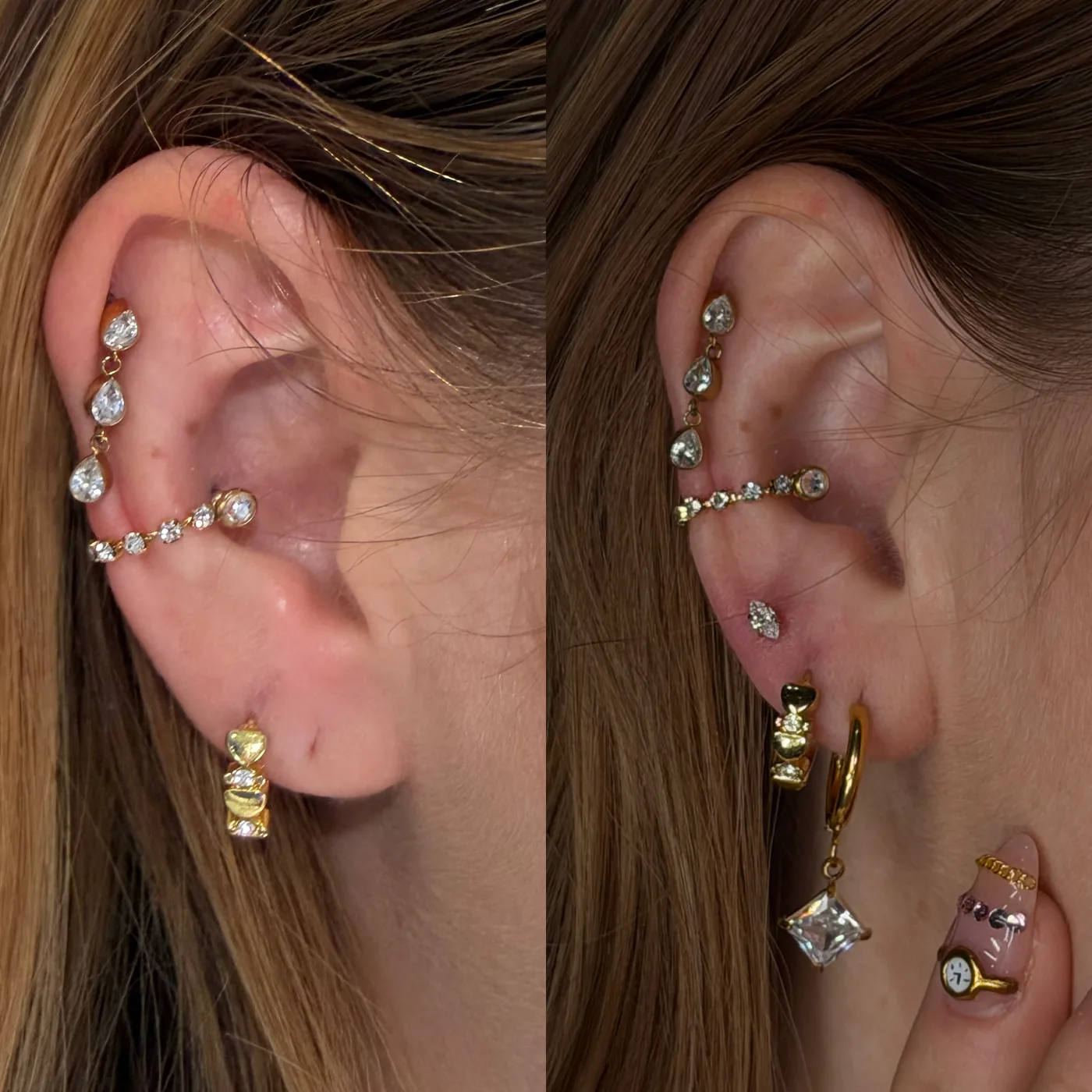 A curated ear before and after: lobe and hoop to start, then a flat cluster added with a pearl drop huggie.