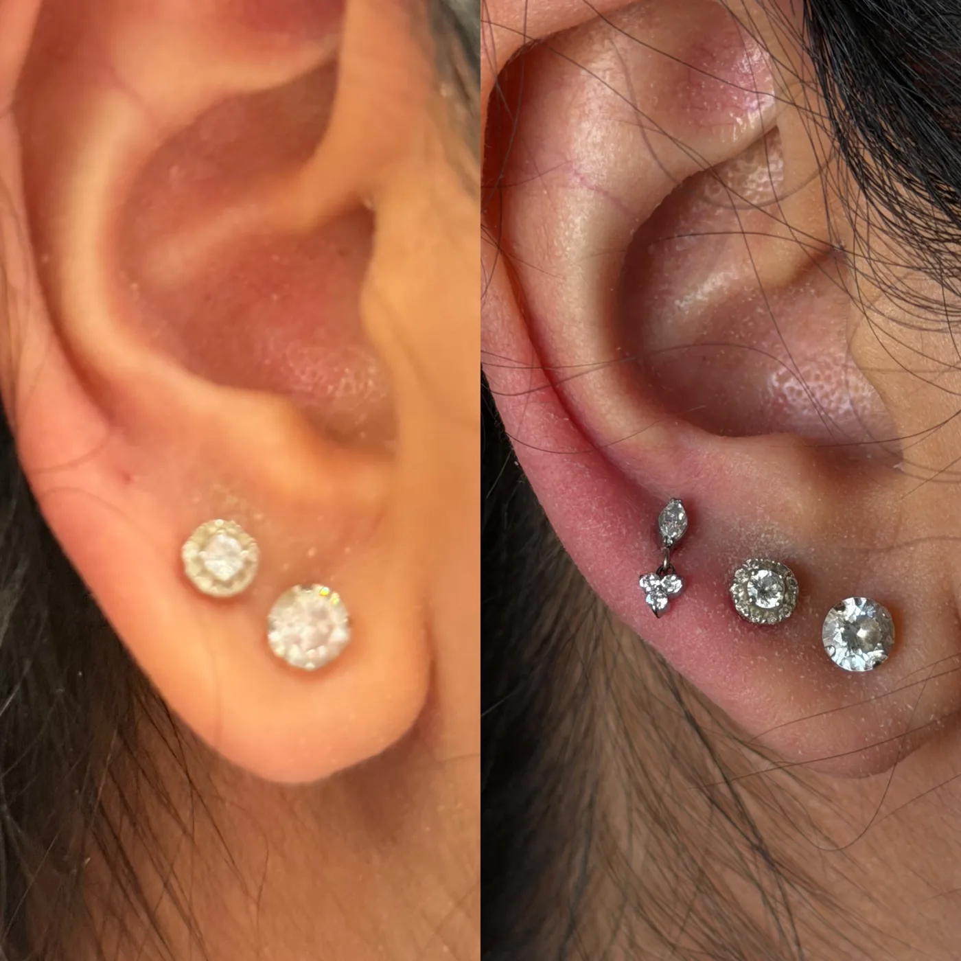 A lobe before and after: two plain studs to start, then a trio of graduated stone studs.