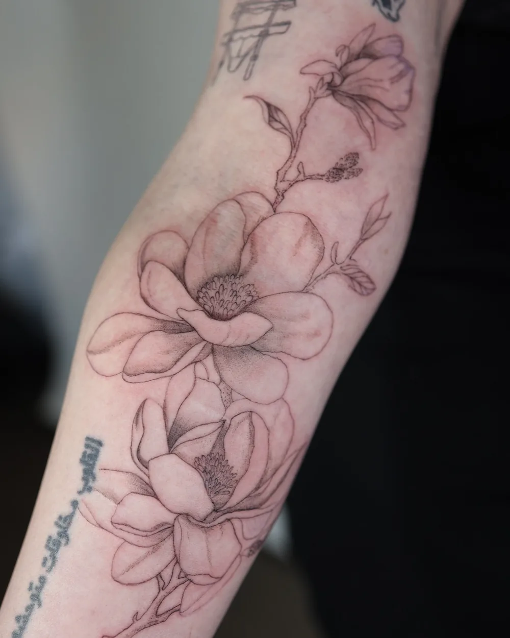 A fine line magnolia tattooed along the inside of a forearm.