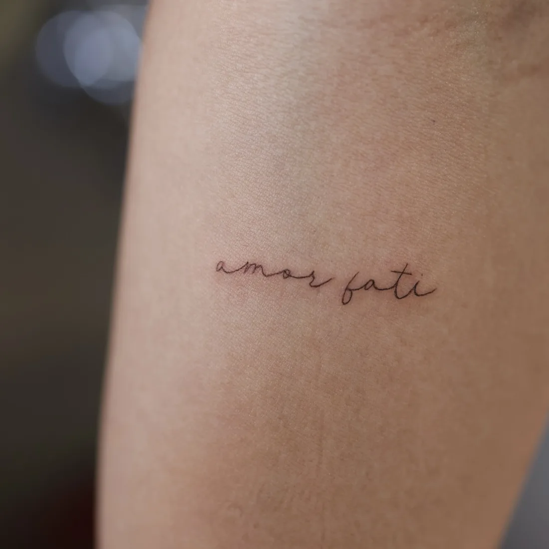 The words amor fati in fine line script on a forearm.
