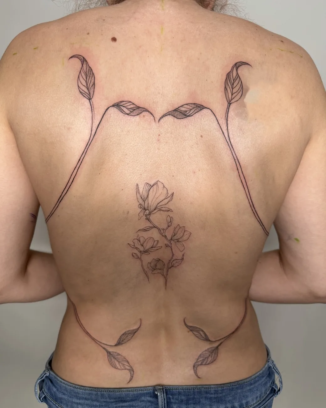 A fine line botanical back piece framing the spine, healed.