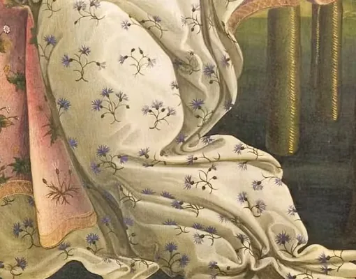 Detail from Botticelli's The Birth of Venus: cornflowers embroidered across the Hora's white dress.