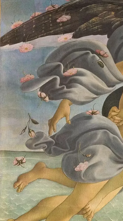Detail from Botticelli's The Birth of Venus: pink roses falling through the air beside the west wind's drapery.